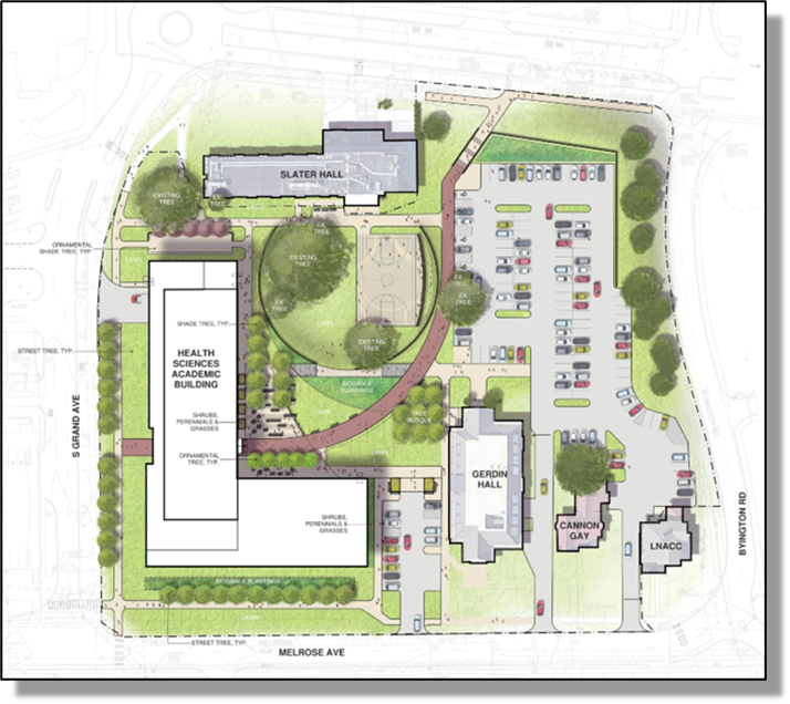 Visual representation of the new building's site plan, featuring parking areas and entrance locations.