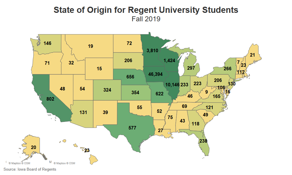 US map showing the number of Regent University students coming from each state.